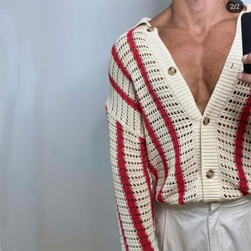 Herren gehäkelt hohl gekintet Strickjacke Pullover Top langärmelig durchsichtig rot - Bild 7 von 11