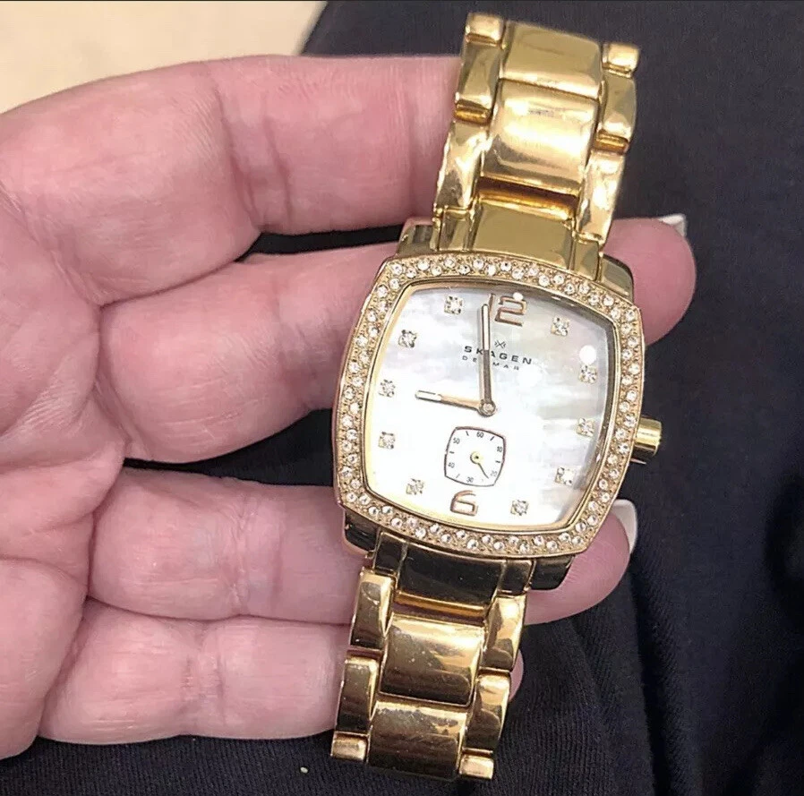 SALE Skagen Ladies Diamond Gold Chunky Watch MOP Face W