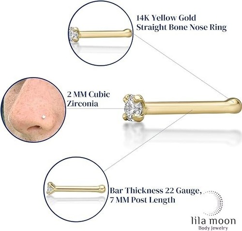 22G Straight Bone Stud Nose Ring 14K Gold with 2mm CZ - Picture 5 of 6
