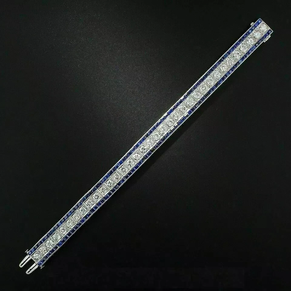 Precioso brazalete tenis chapado en oro blanco de 14 k con zafiro azul corte redondo de 15,00 quilates Foto 4 de 4