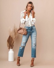 White Floral Pattern Lace Long Sleeve Shirt XL M to L