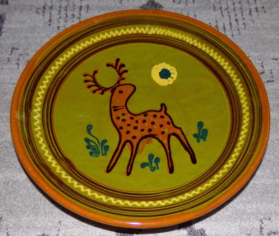 Vintage Redware Terracotta Folk Art Handpainted Antler Stag Deer