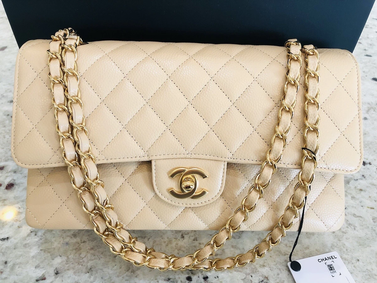 Authentic NWT Chanel Classic Double Flap Medium Beige Clair Caviar Gold  Hardware