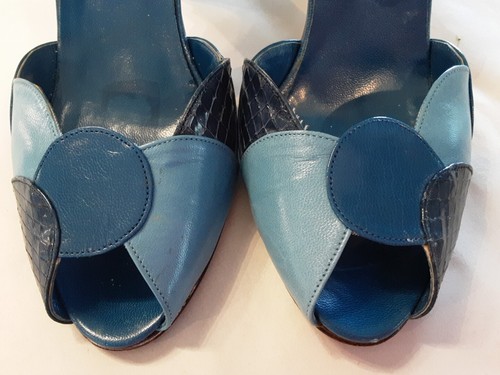 HALSTON VTG 70s Made Italy Shades Of Blue Leather Peeptoe Strappy Heels Sz 7 Wow - Picture 14 of 16