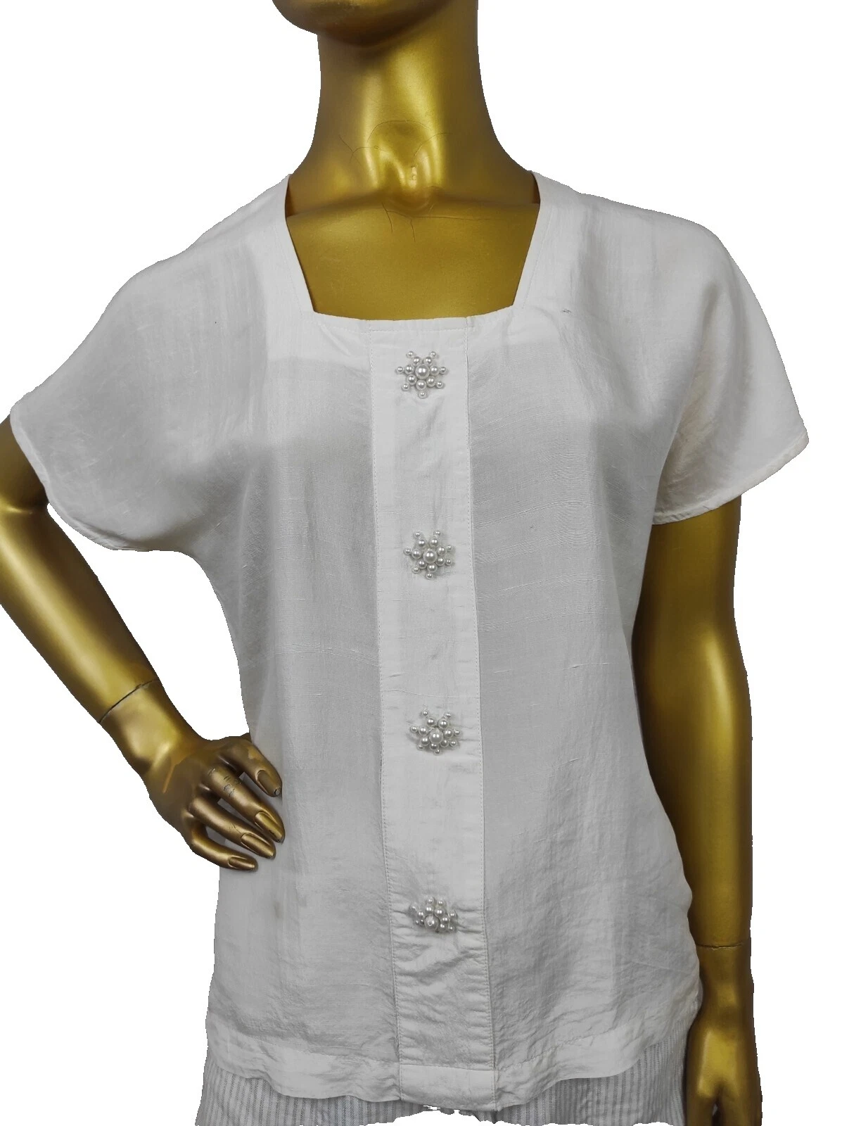 Blanco 100% Seda Top Vintage para Mujeres
