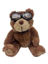 Airplane Pilot Teddy Bear Old Leather Like Flight Hat Goggles Brown Plush 8" Toy
