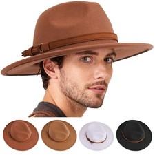 Wide Brim Wool Felt Fedora Panama Western Cowboy Hat Casual Jazz Cap Men Women