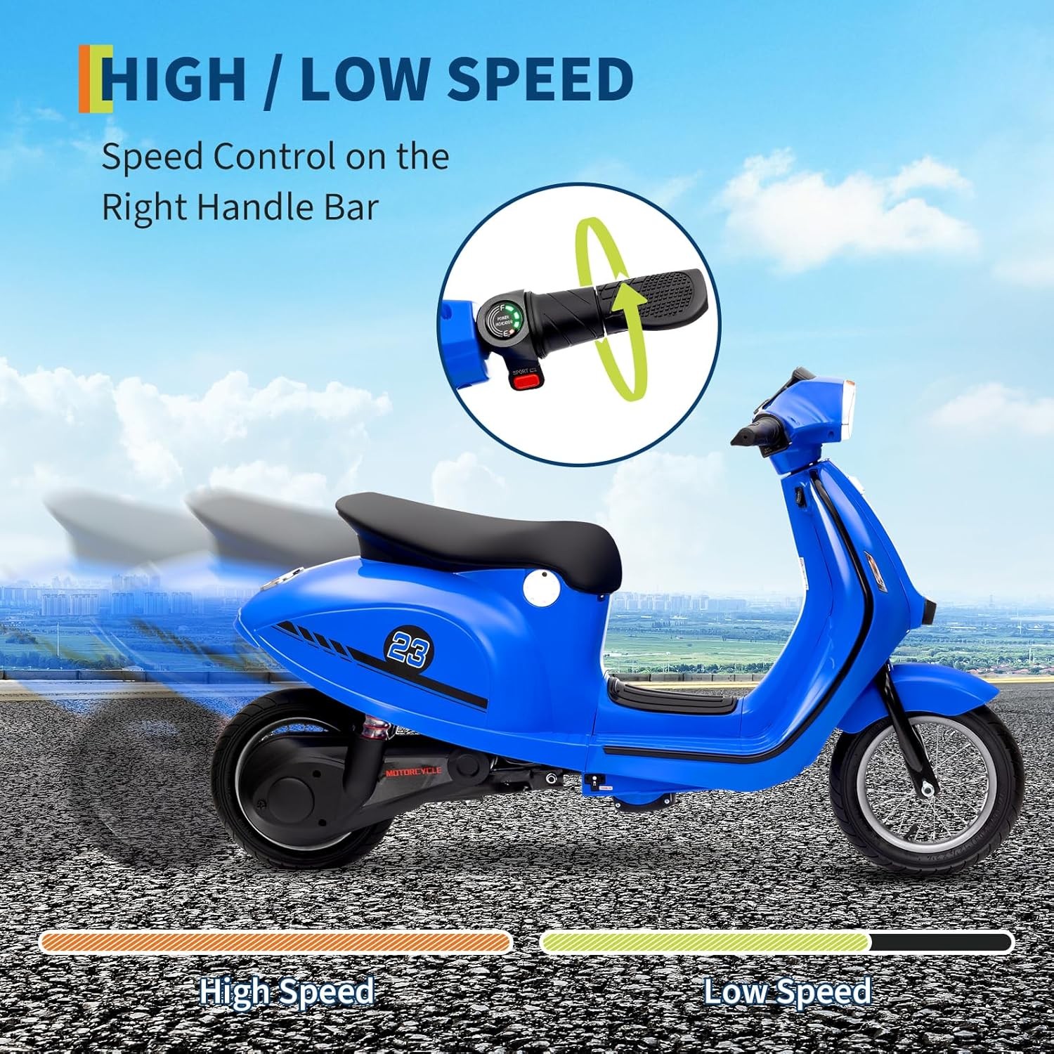 24V Kids Electric Moped Scooter Max 14MPH, 2-Wheel Ride-On Motorcycle Multicolor