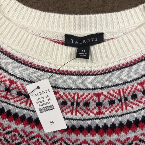 NWT TALBOTS Red White Fair Isle Wool Blend Knit Nordic Sweater Medium - Picture 3 of 5