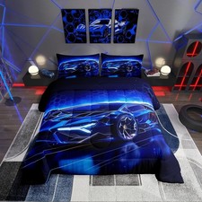 Kids Boys Sports Car Comforter Set Twin Size Blue Race Car Comforter for Kids