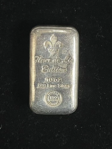 10 oz Cast Poured Silver Bar  Fleur de Lis Bullion