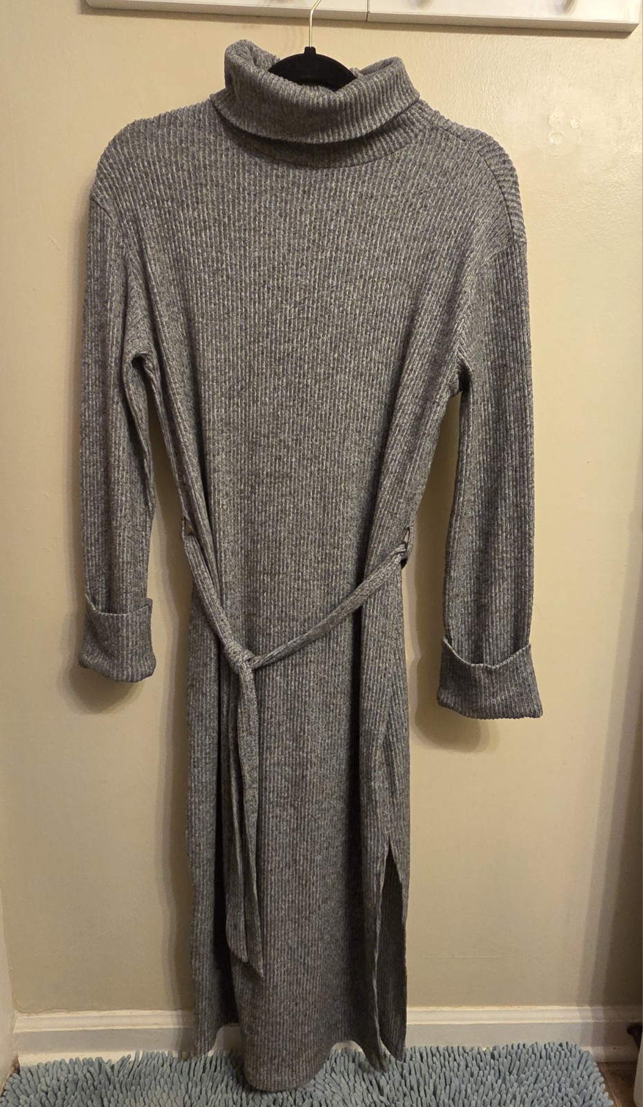 F&F Gray Cozy Ribbed Turtleneck Preppy Bodycon Knit Midi Sweater Dress Small
