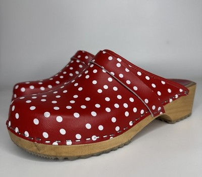 BJORK Emma Wood Open Back Red Polka Dots Leather SZ 41 US 10