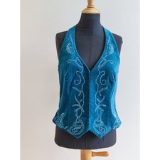NICHOLAS MILLINGTON UK16 L Velour Halter Top Waistcoat Teal Beaded Lined Vest