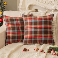 AQOTHES 2-Pack Christmas Plaid Throw Pillow Covers 18x18" Scottish Tartan Red/Br
