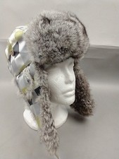 Chaos ski winter trapper hat ear flaps Green Gray quilt pattern Faux Fur