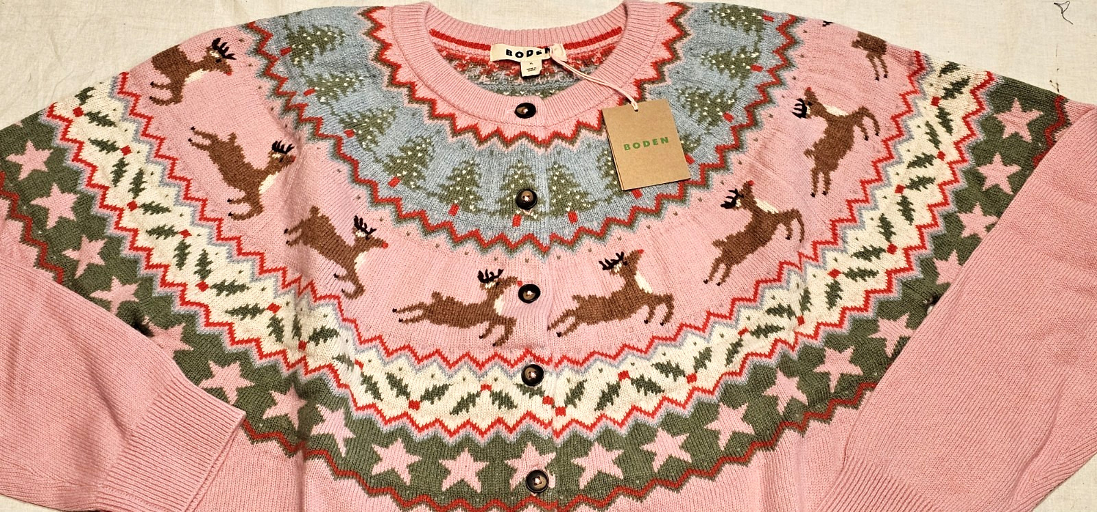 Boden Fair Isle Edie Cardigan Pink Reindeer NWT New XL image 2