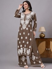 Brown Modal Chikankari Kurti Palazzo Set, Ethnic wear