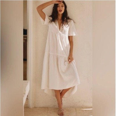 anthropologie white maxi dress The Callie Flowy Ivory Cotton Gauze Tiered V-Neck S adjustable straps Best White Dresses Tops Anthropologie