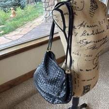 SISO ITALY VINTAGE LEATHER Woven Handbag Black Bottega Style Gold Accents EUC