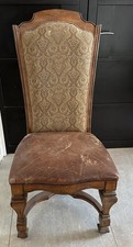 Vintage high-back dining chair wooden frame, fabric backrest, brown leather seat