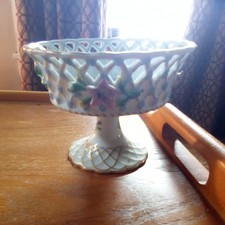 Dresden Carl Thieme Reticulated Porcelain Footed Bowl Raised Flowers Circa 1900