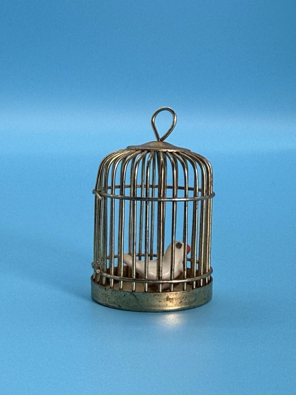 Vintage Miniature Brass Bird Cage White Bird Dollhouse Figurine Decor!