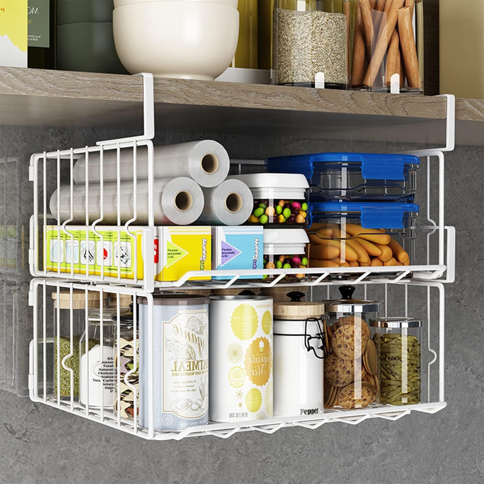 Hanging Under Shelf Storage Basket, 4 Pack Foldable Under Cabinet Metal Desk ...