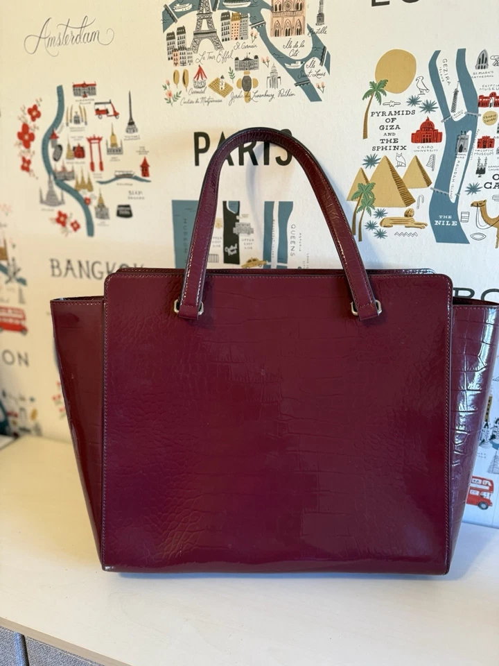 Bolso de Mano Kate Spade Croc Charol Repujado Borgoña Merlot Cremallera Top Cartera Foto 3 de 4