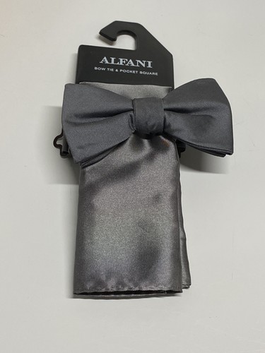 New Alfani Macys Bow Tie And Pocket Square Set Shiny Gray Fabric - Picture 2 of 4