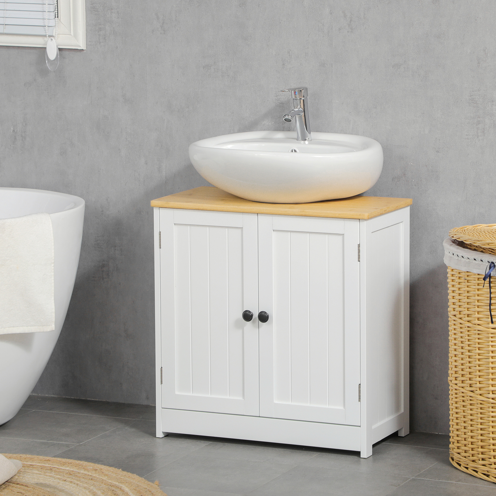Bathroom Sink Pedestal Sink with Doors, White