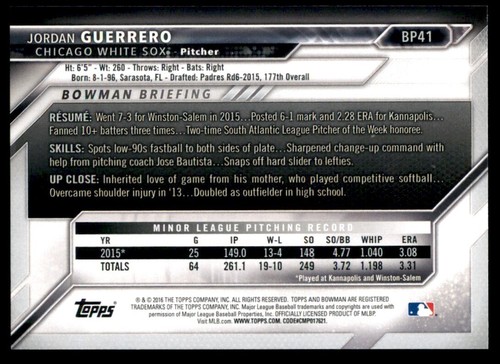 2016 Bowman Prospects Jordan Guerrero Rookie Chicago White Sox #BP41 2096 - Picture 2 of 2