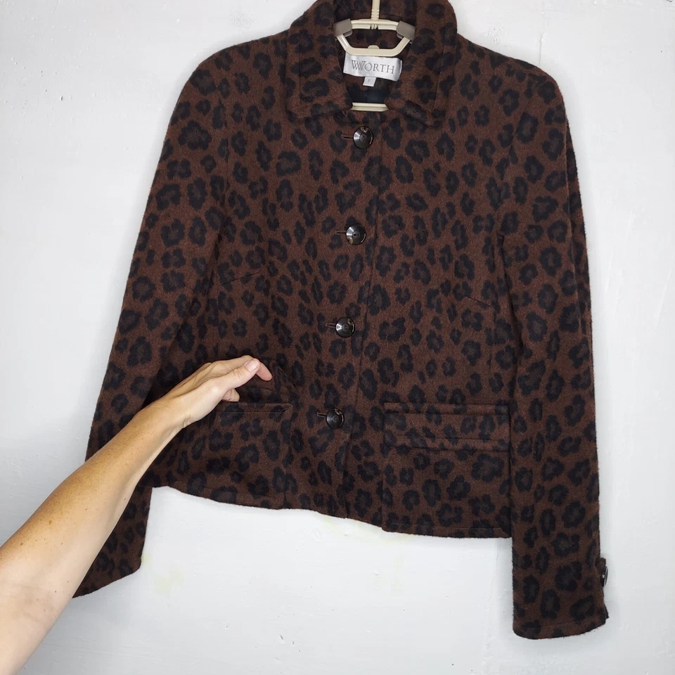 Chaqueta de Lana de Alpaca Worth Mujer Pequeña Pequeña Marrón Leopardo Botón Bolsillos Cuello Foto 2 de 4