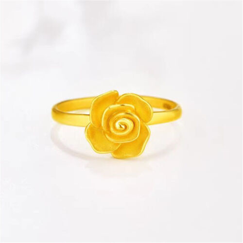 Pure 999 24K Yellow Gold Women 3D Lucky Rose Flower Ring 1-1.3g Us Size :3-8 - Picture 3 of 5