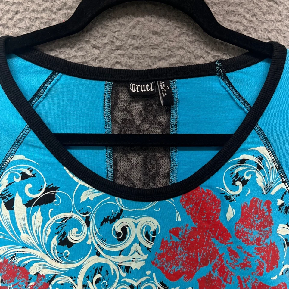 Camisa Cruel Girl Y2K Mujer S Azul Paisley Floral Encaje Transparente Tatuaje Patinadora Foto 3 de 4