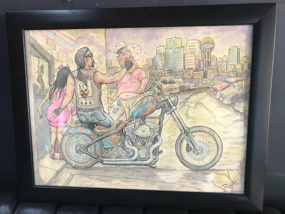 Pintura dibujo tinta motocicleta enmarcada arte motociclista harley davidson Foto 3 de 3