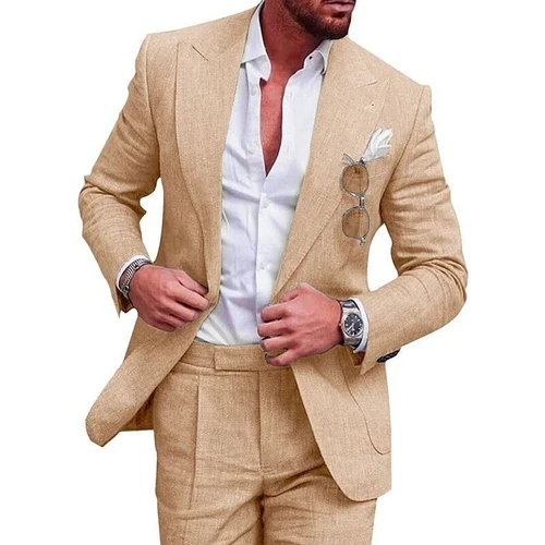 Men 2 Piece Linen Suit Wedding Tuxedos Suit Groomsmen Blazer+Pants Outfit - Picture 6 of 25
