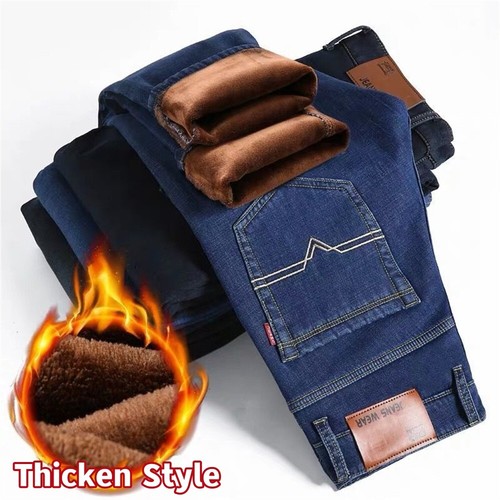Mens Thermal Jeans Thick Velvet Denim Pants Warm Fleece Lined Jeans Trousers - Picture 14 of 16