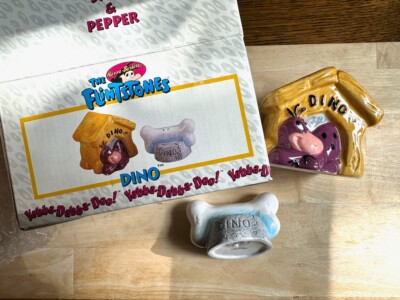 Vintage Dino Flinstones salt pepper shakers, Hanna Barbera Compliments, NOS