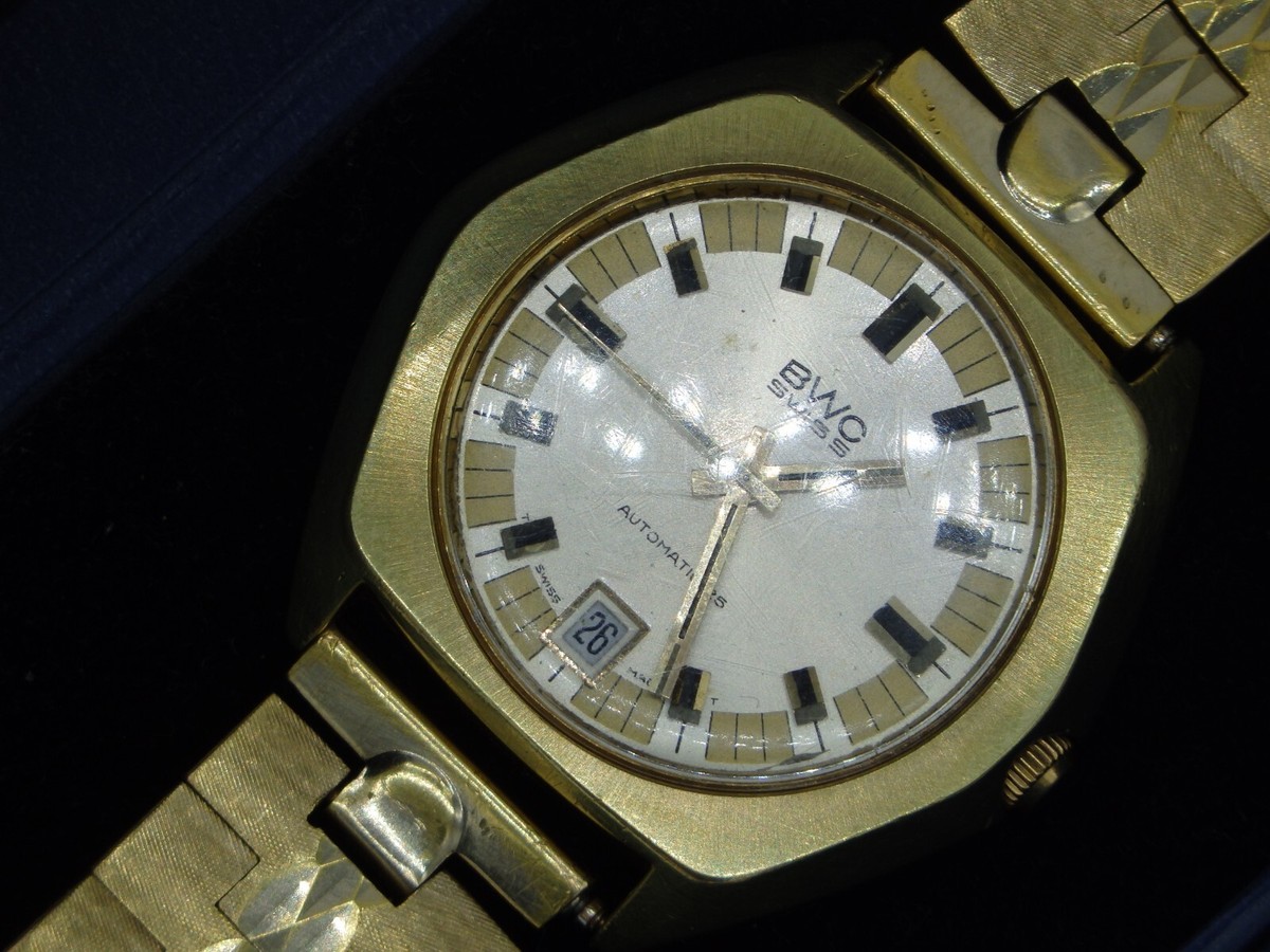 Vintage BWC Swiss Automatic 25 Gold Armbanduhr / Seltene Eckige 