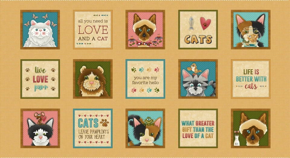 Live Love Meow Gold Kitty Cat Cotton Fabric Panel Henry Glass 23" x 44" - Image 2 of 2