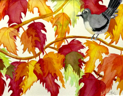 PAINTING WATERCOLOR  11X14 & MAT 16X20 FALL LEAVES BIRD RED ORANGE ORIGINAL ART