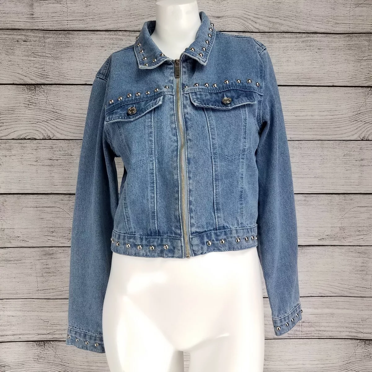 Missguided Size 4 Crop Studded Denim Jacket Zip up Collared Cotton