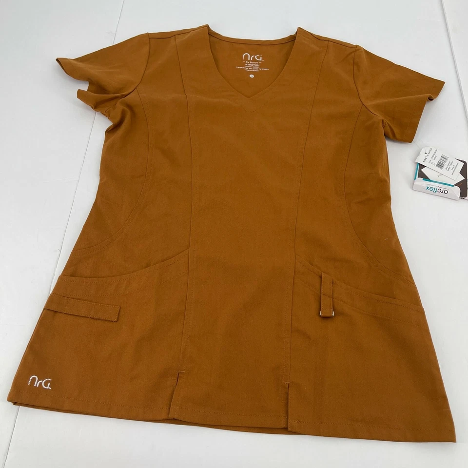 NRG by Barco Womens Top XS V Neck Brown Scrubs Medical Short Sleeves Uniforms - Image 4 of 4