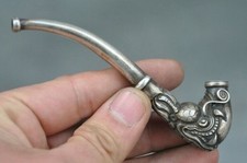 Old Chinese tibet silver hand-carved Dragon beast head pipe Smoking tools f516