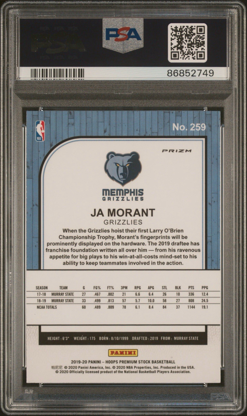 2019 NBA Hoops Premium Stock Purple Disco Prizm Ja Morant #259 PSA 10 Rookie RC view 2