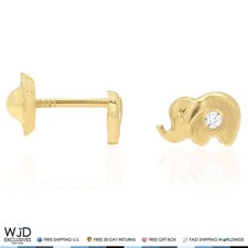 14K Yellow Gold White Zircon Elephant Baby Screw Back Stud Kid Earrings
