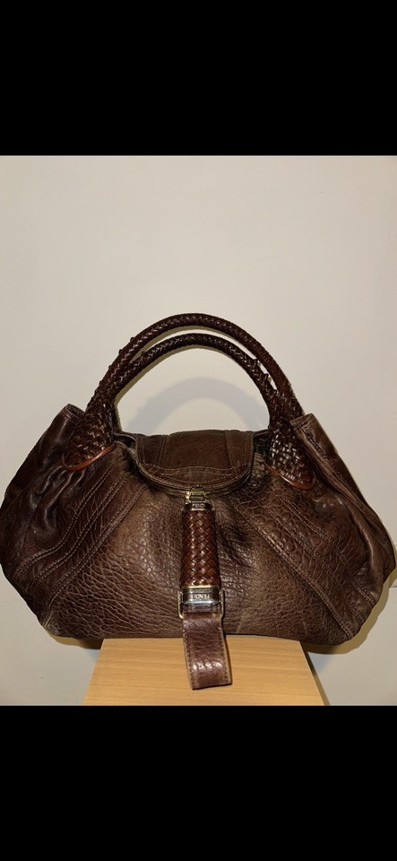 FENDI SPY BAG large Cognac (dark brown) leather ZUCCA cotton LINING