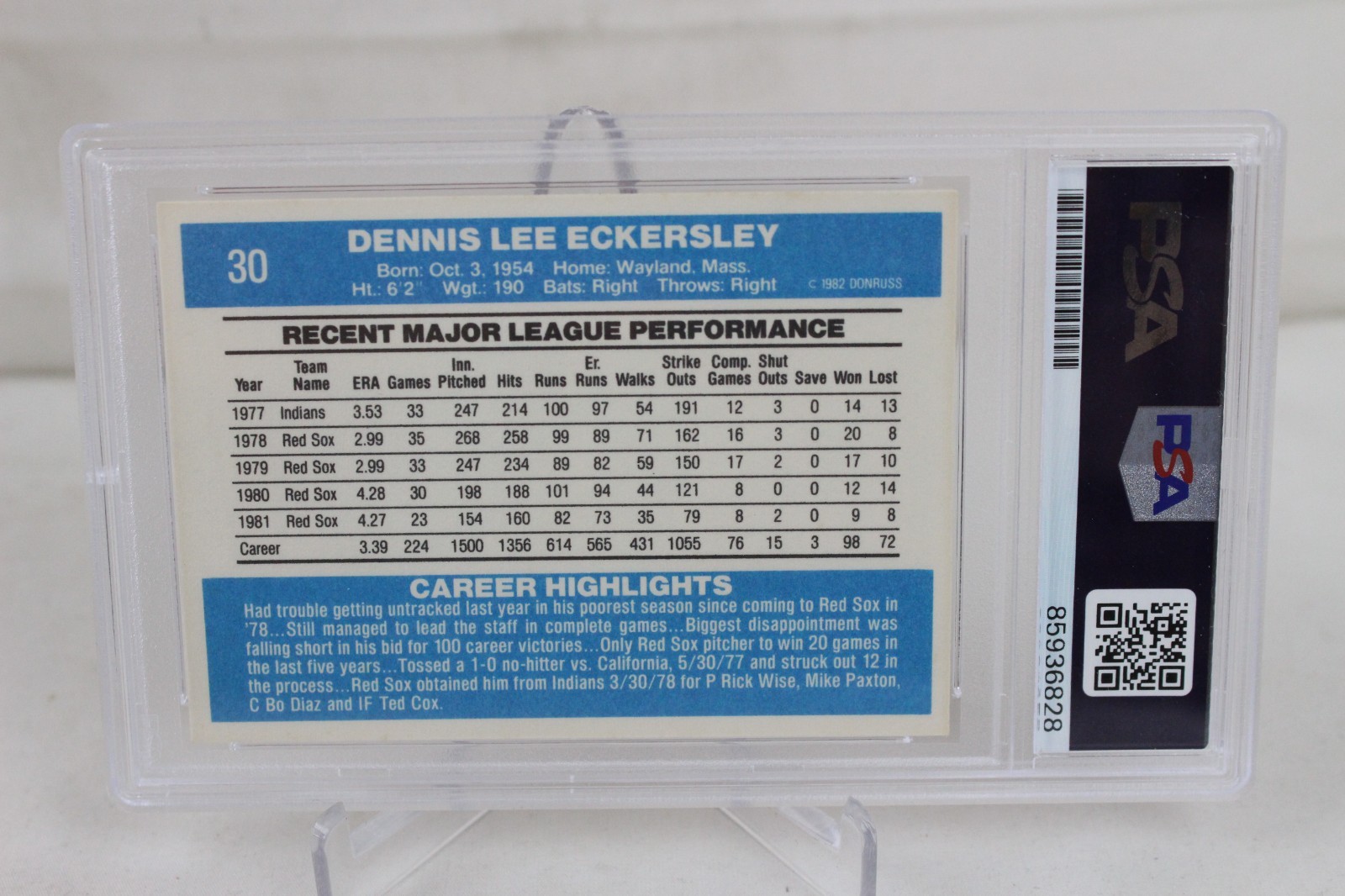 1982 Donruss Dennis Eckersely Auto Autograph Vintage Baseball Card PSA Graded 10 view 4