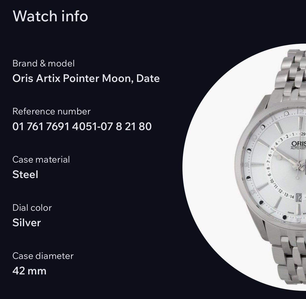 Oris Artix Pointer Moon Automatic Silver Dial 42m… - image 2